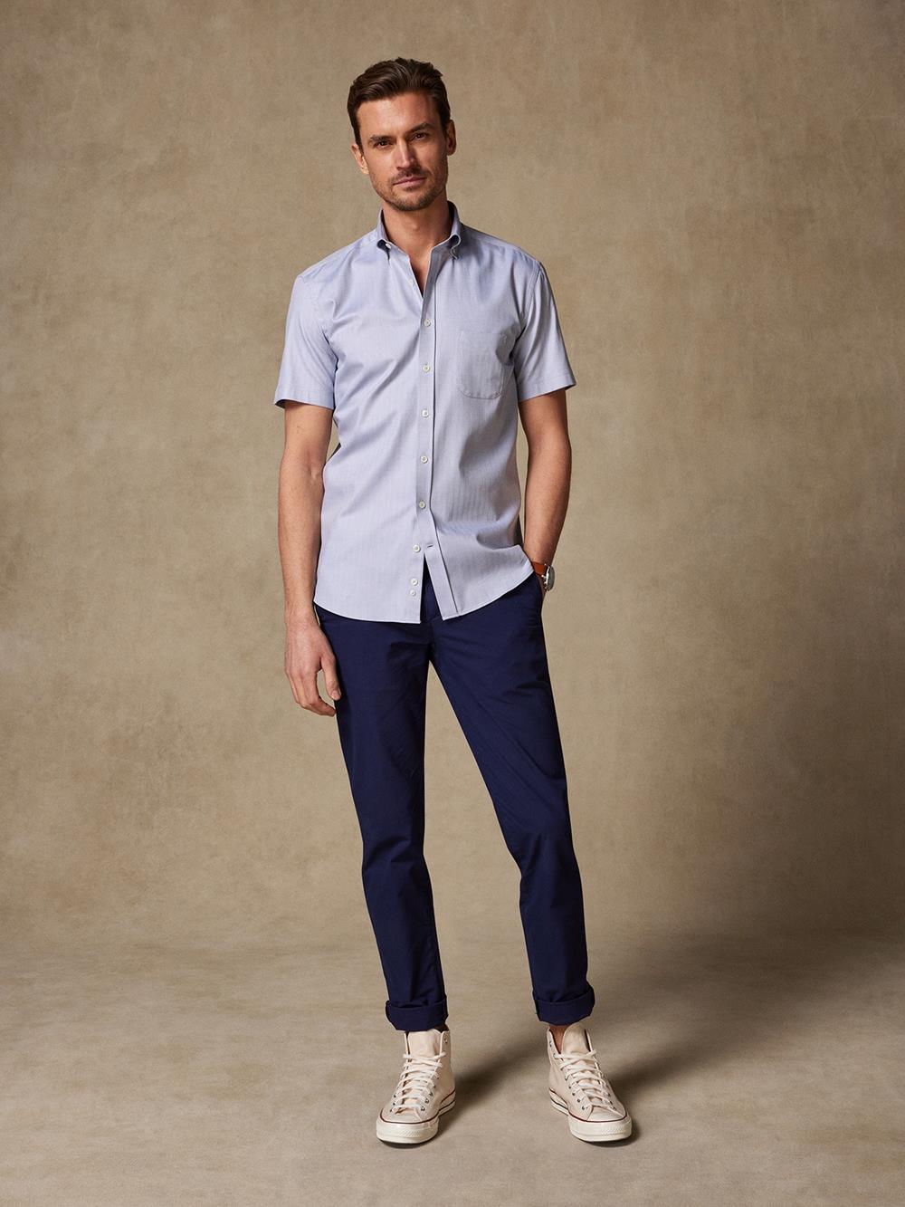 Grey Herringbone short sleeves shirt  - Button down collar