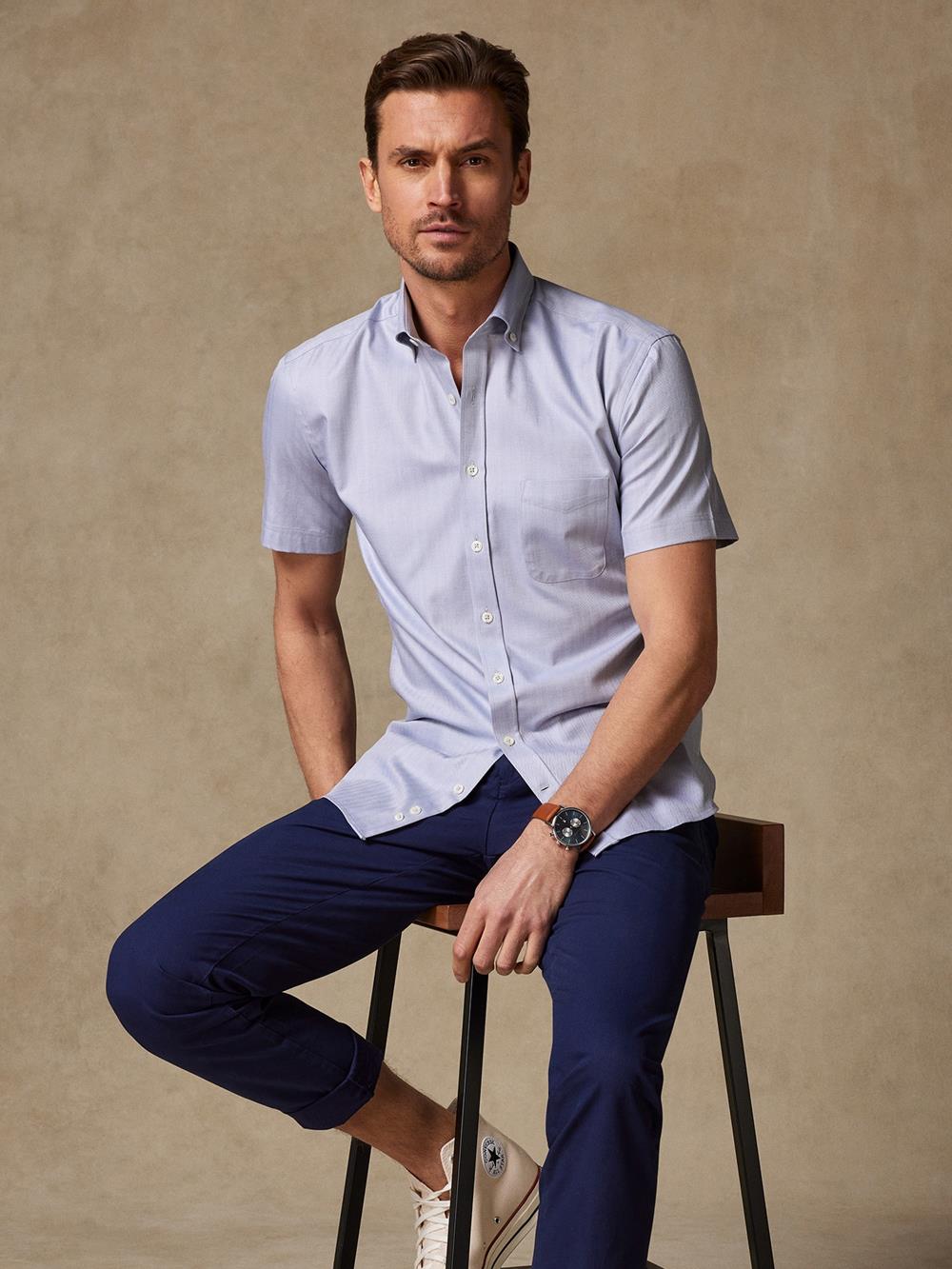 Grey Herringbone short sleeves shirt  - Button down collar