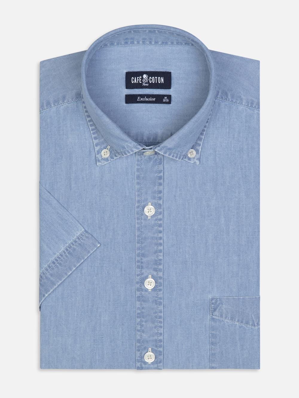 Lichtblauw denim overhemd met korte mouwen - Buttoned kraag