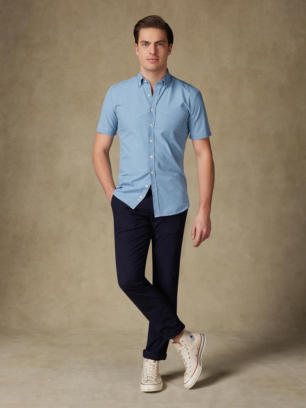 Dane Kurzarmhemd aus himmelblauem Denim - Button down kragen