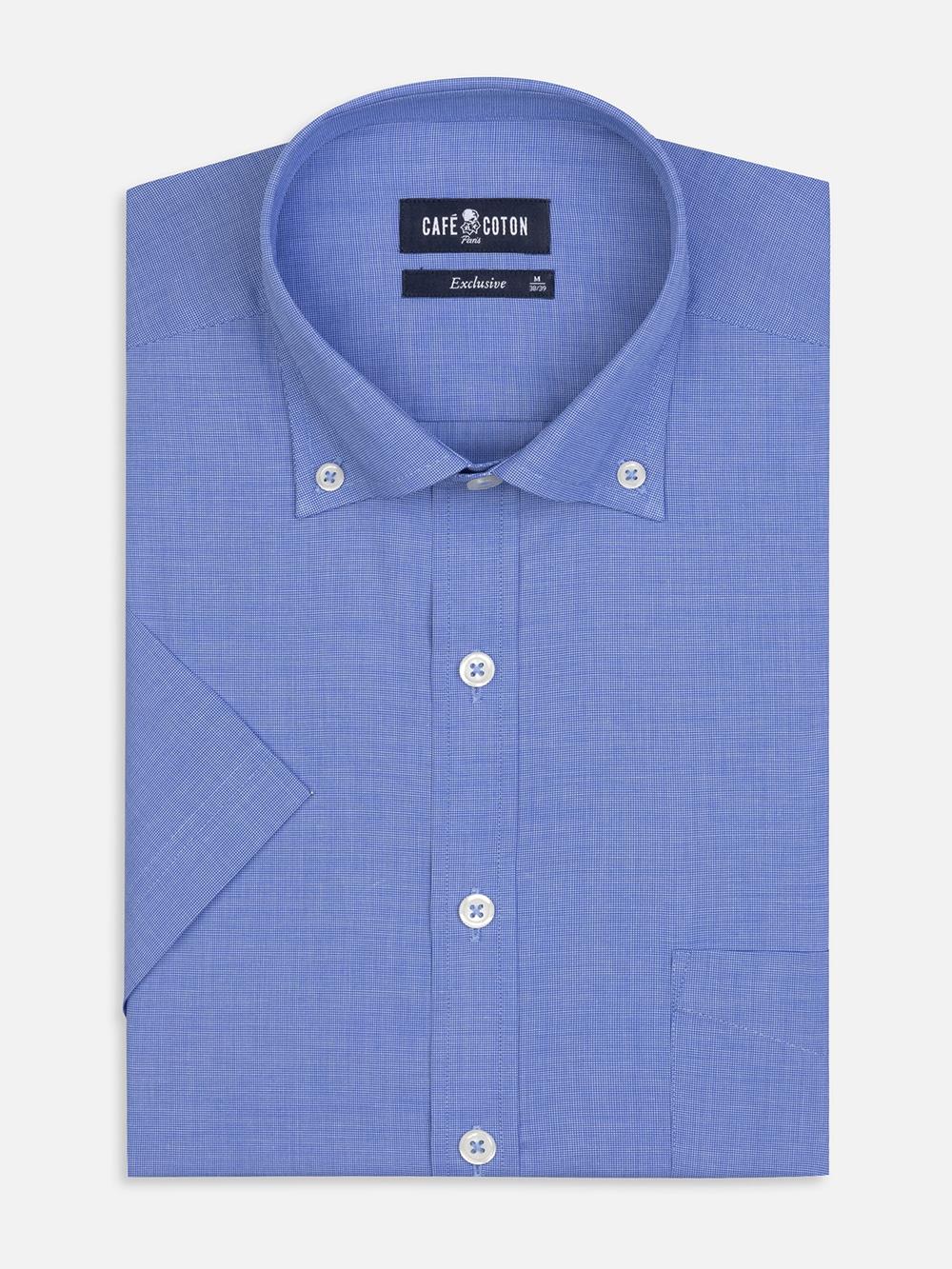 Daria-Kurzarmhemd  aus blauem Popelin - Buttondown Kragen