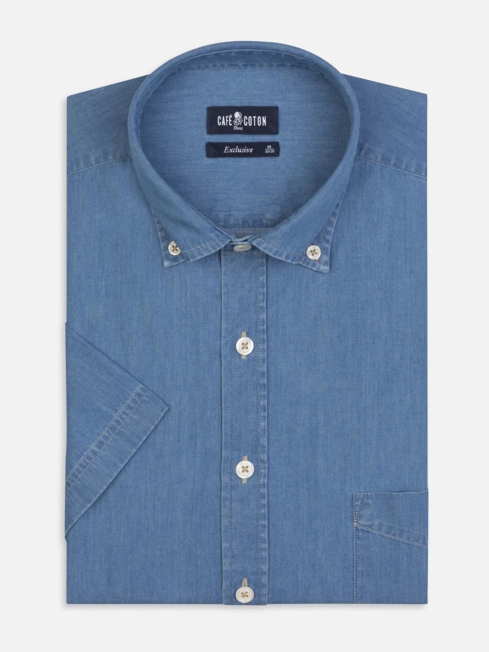 Chemise manches courtes en denim ciel - Col boutonné