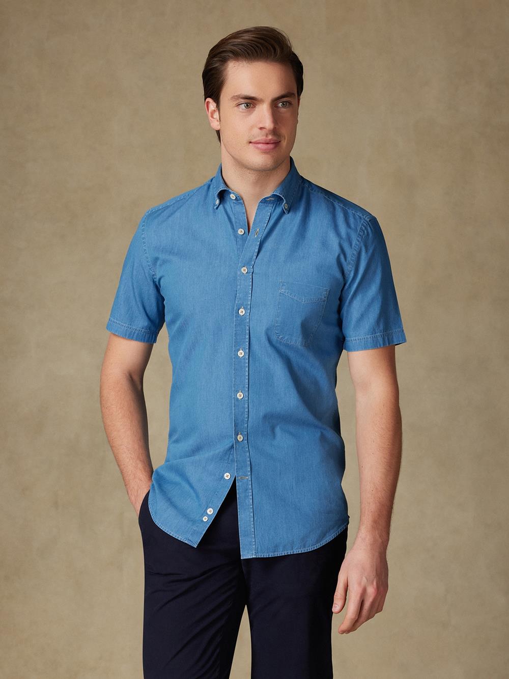 Camicia manica corta in denim blu - Con buttoncini