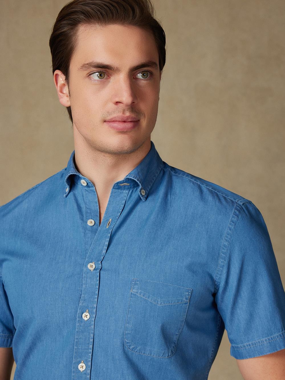 Camicia manica corta in denim blu - Con buttoncini