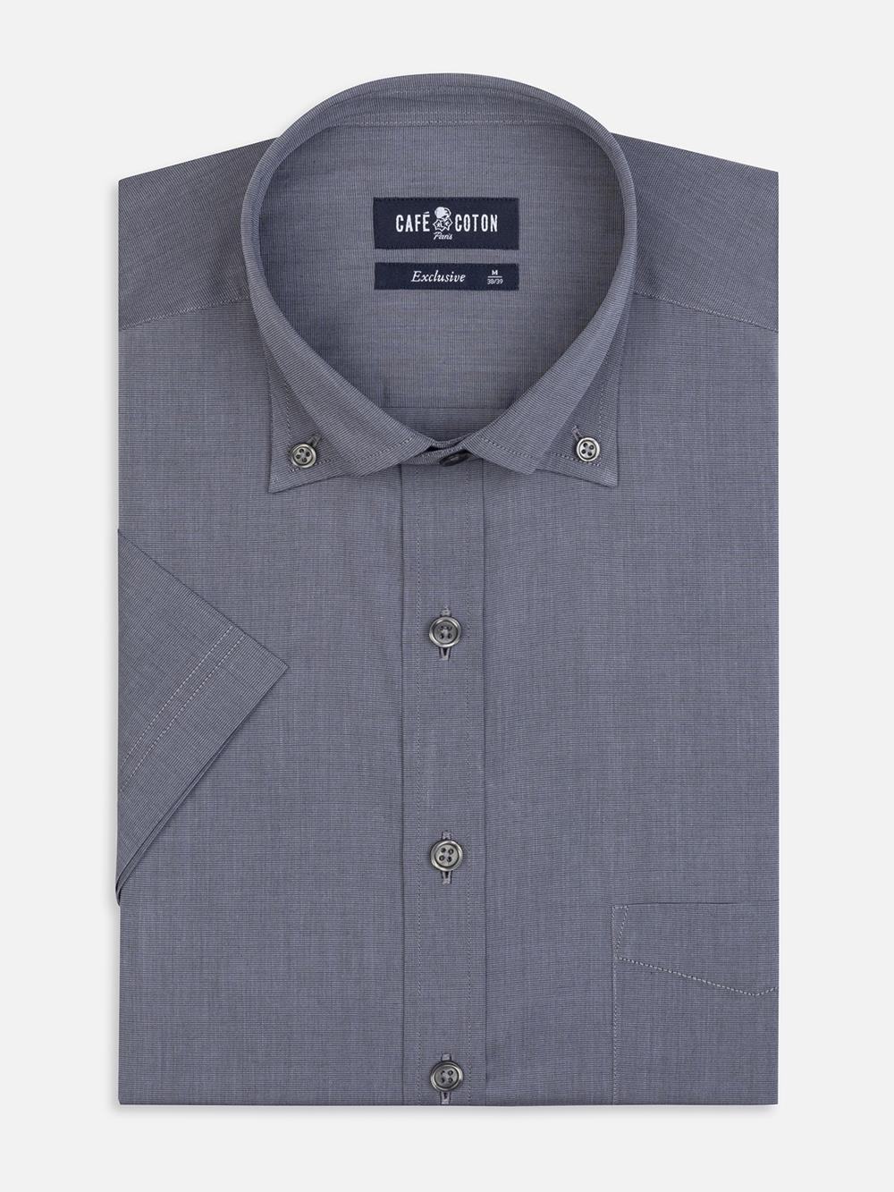  Chemise manches courtes en fil à fil grise - Col boutonné