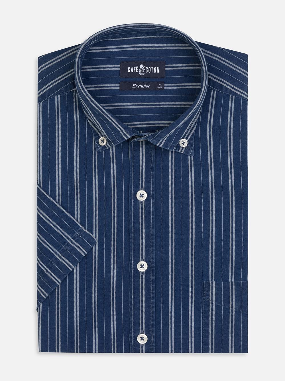 Chemise manches courtes Gerry à rayures indigo  - Col boutonné