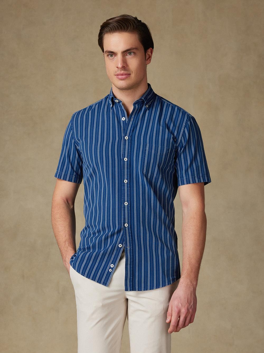 Buton down collar Gerry denim stripe shortsleeves shirt - Navy