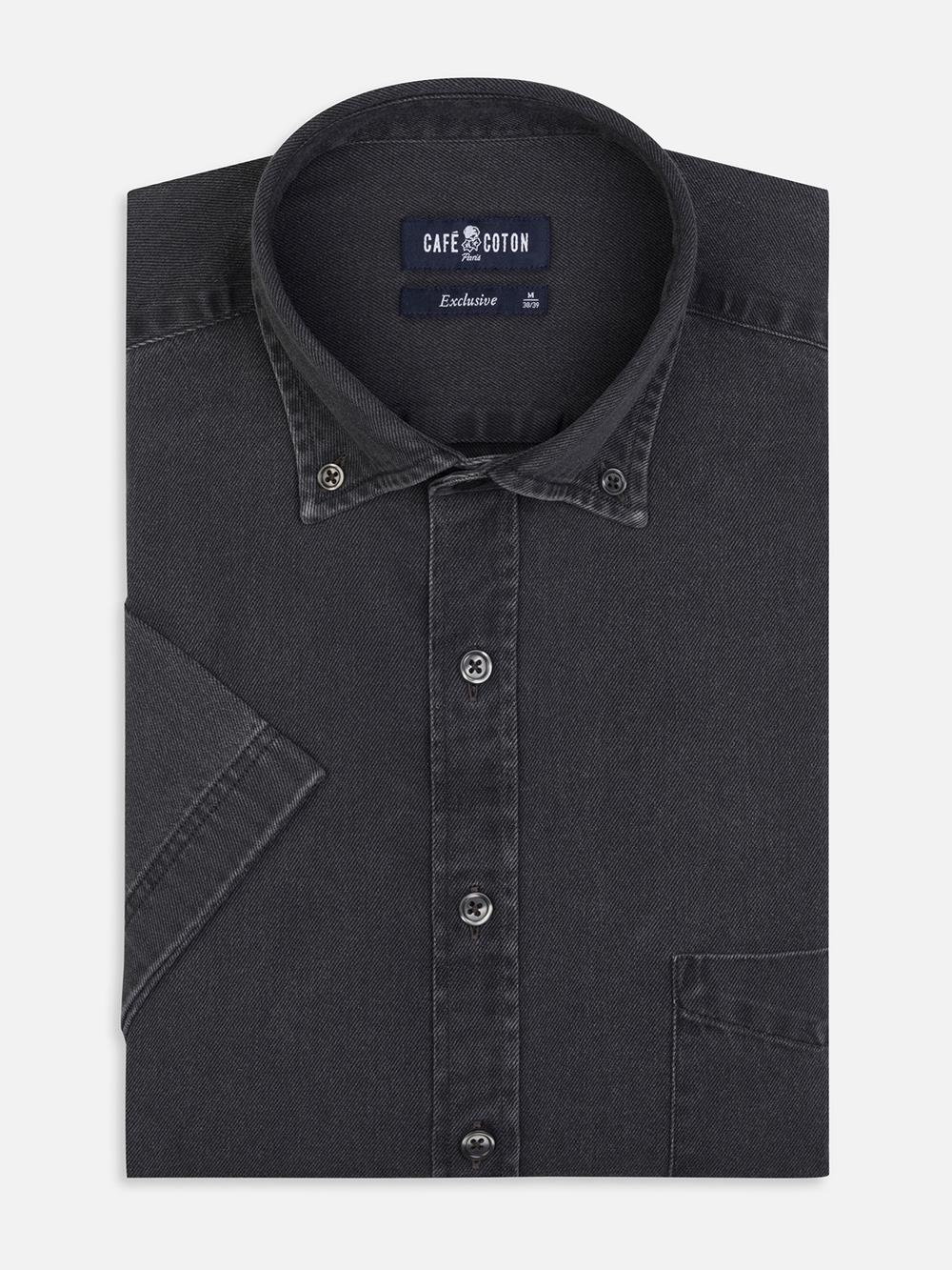 Gustavs Kurzarmhemd aus schwarzem Jeansstoff - Button down kragen