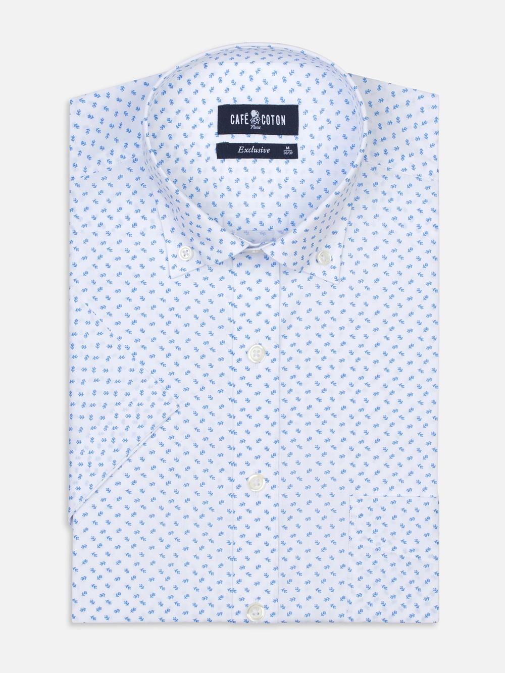 Blue floral printed white popelin shirt  - Short sleeves