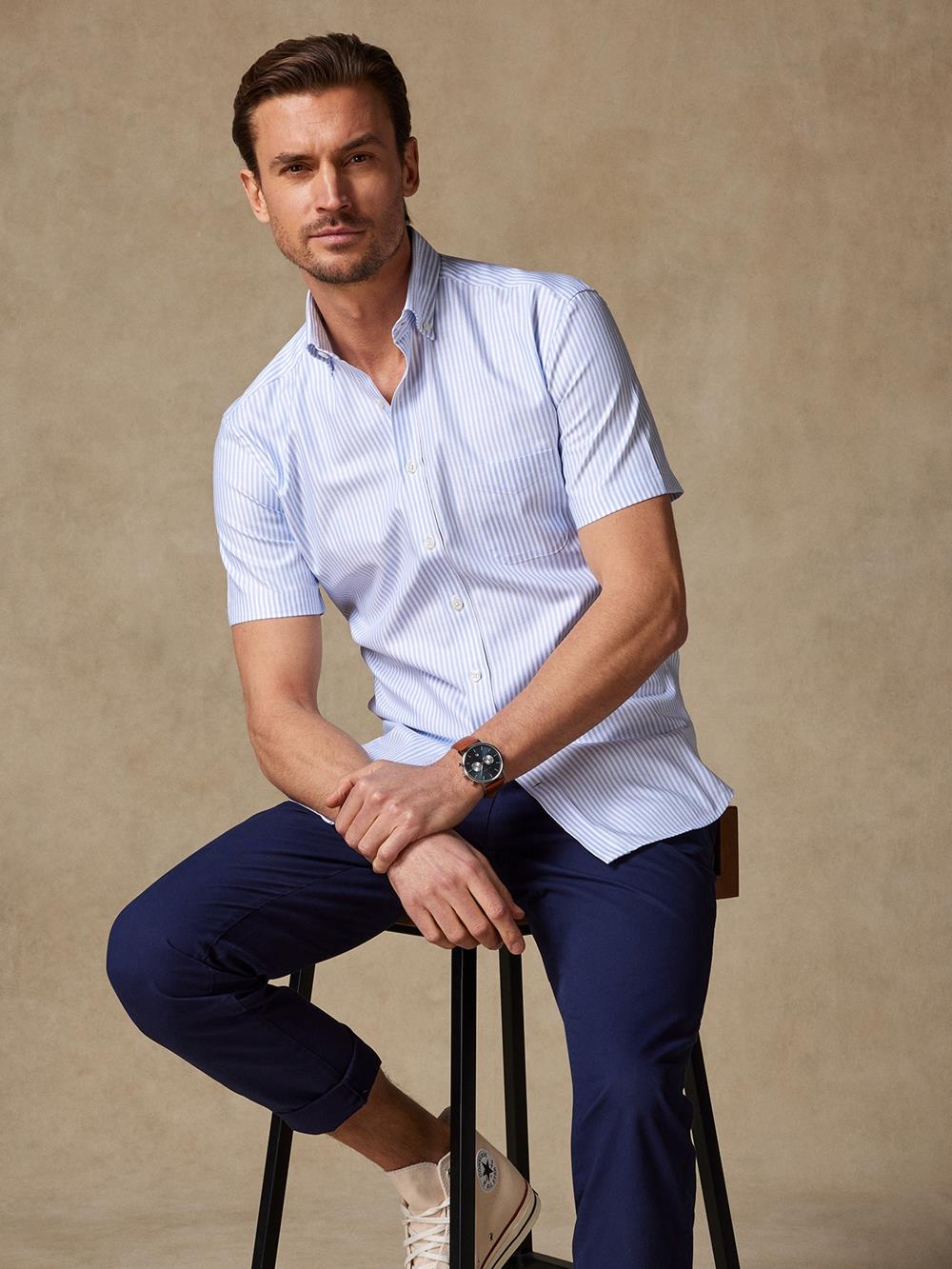 Liam sky blue stripe short sleeves shirt  - Buttoned collar