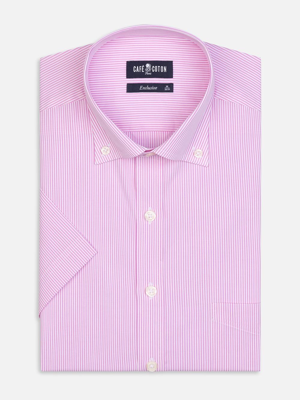 Chemise manches courtes Menthon à rayures rose - Col Boutonné