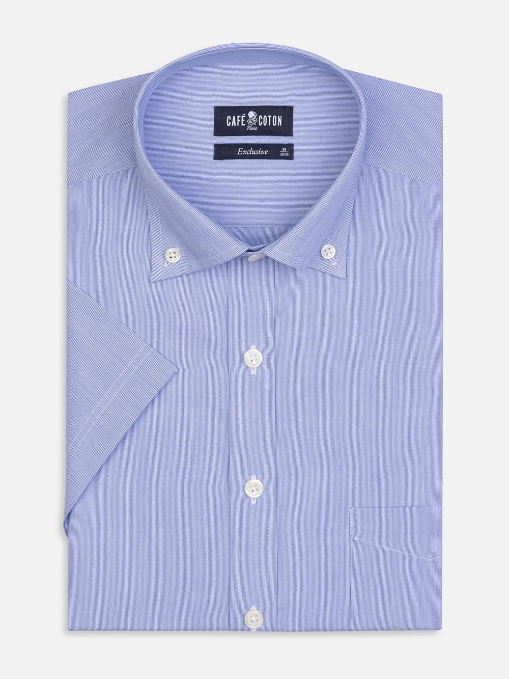 Chemise manches courtes en mille raies bleue - Col Boutonné