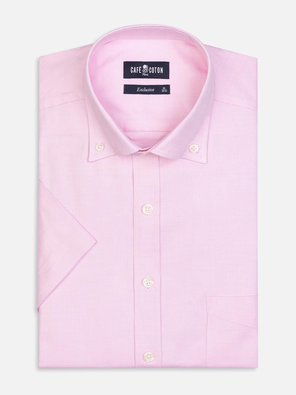 Chemise manches courtes en natté rose - Col Boutonné