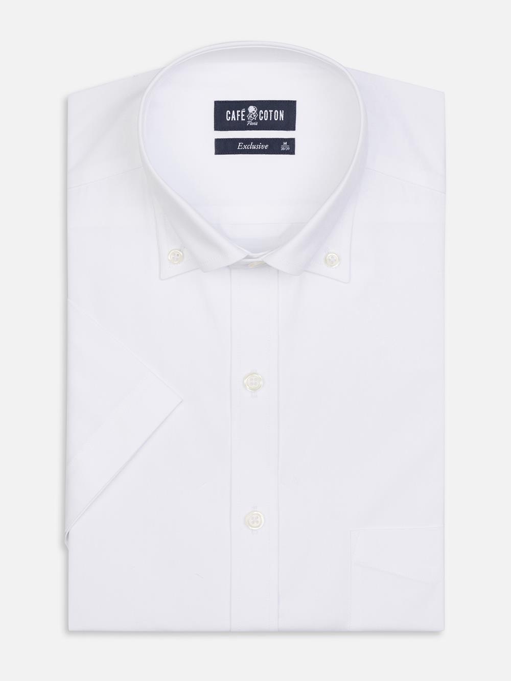 Chemise manches courtes en pin point blanc - Col Boutonné