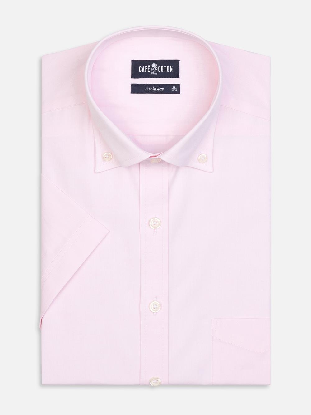Chemise manches courtes en pin point rose - Col Boutonné