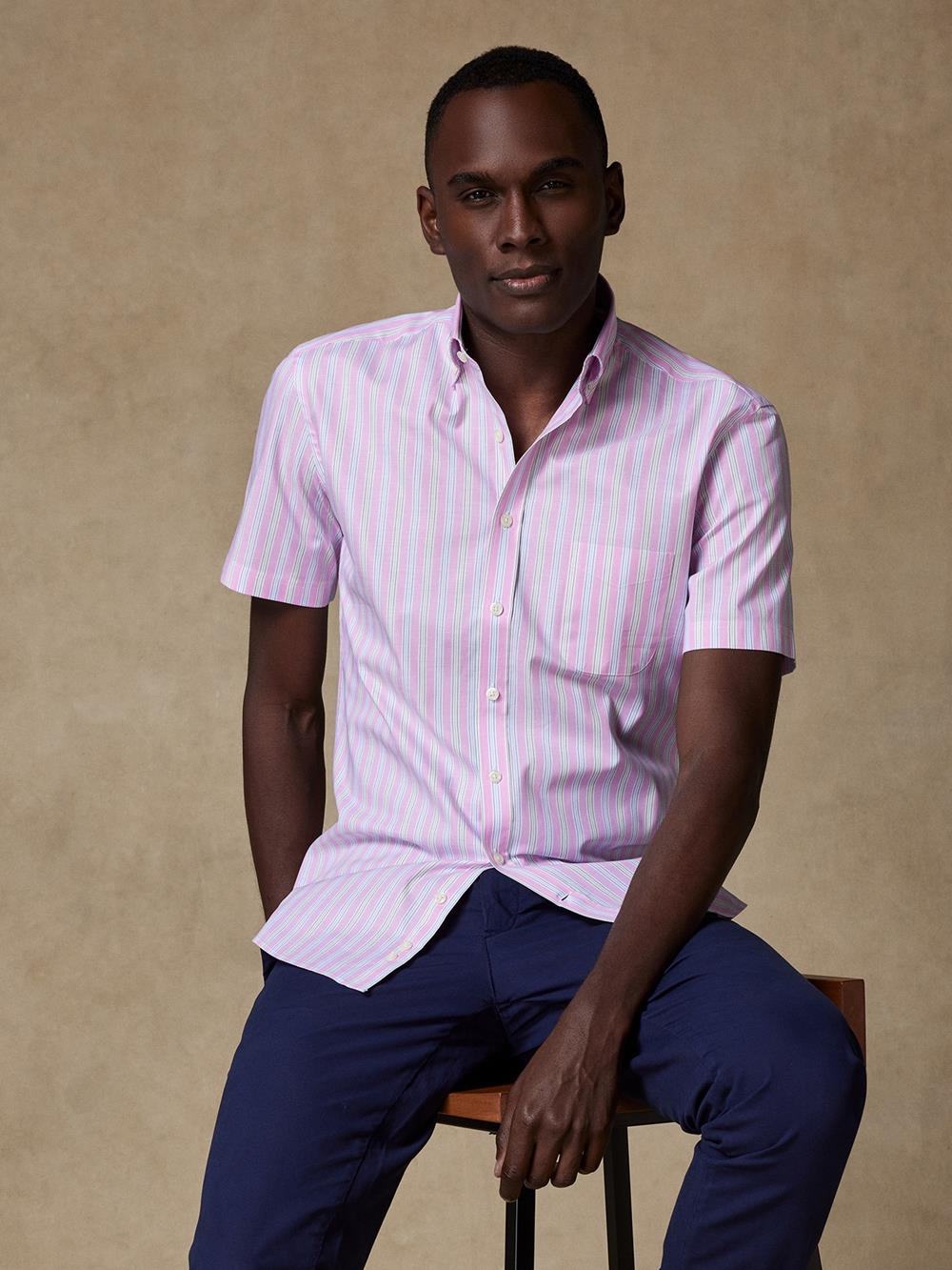 Robin pink stripe short sleeves shirt   - Buttoned collar