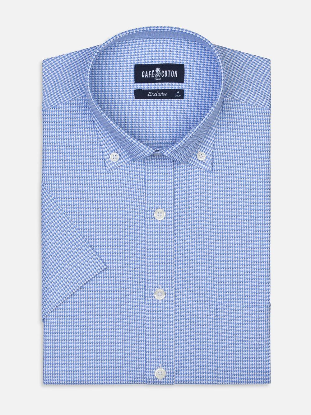 Blue sky and white printed houndstooth twill shirt - Short sleeves