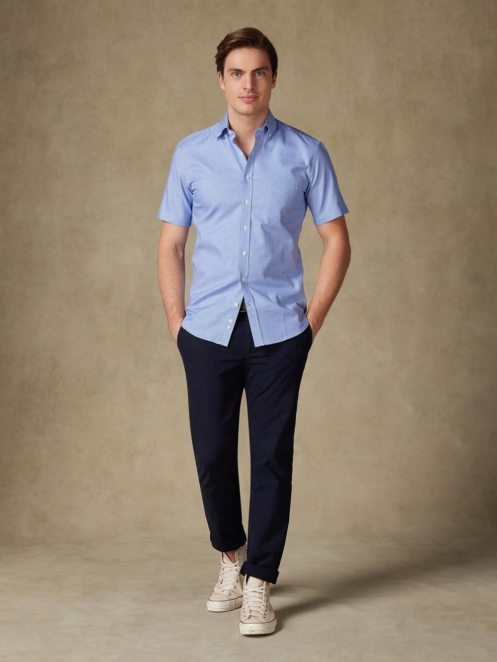 Chemise manches courtes en vichy bleu  - Col boutonné