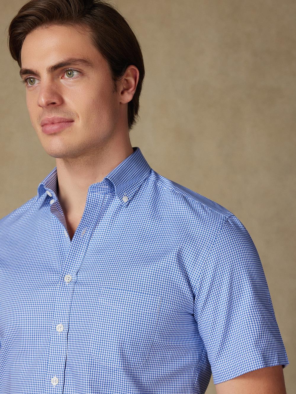 Chemise manches courtes en vichy bleu  - Col boutonné