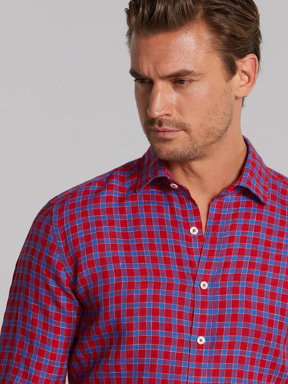 Red linen blue checked shirt 
