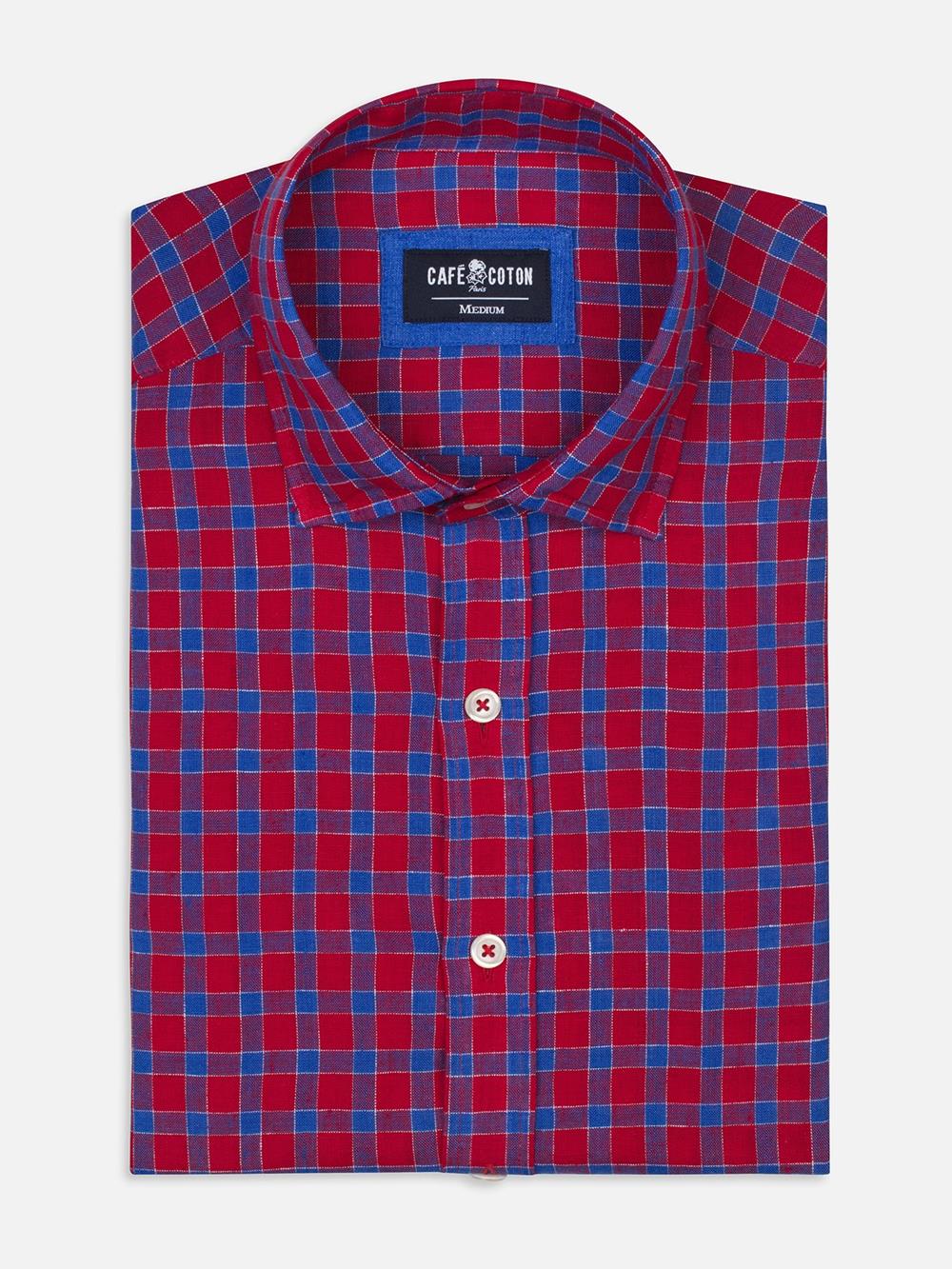 Red linen slim fit blue checked shirt 