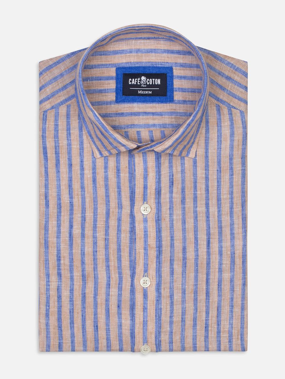 Blue stripes beige linen slim fit shirt