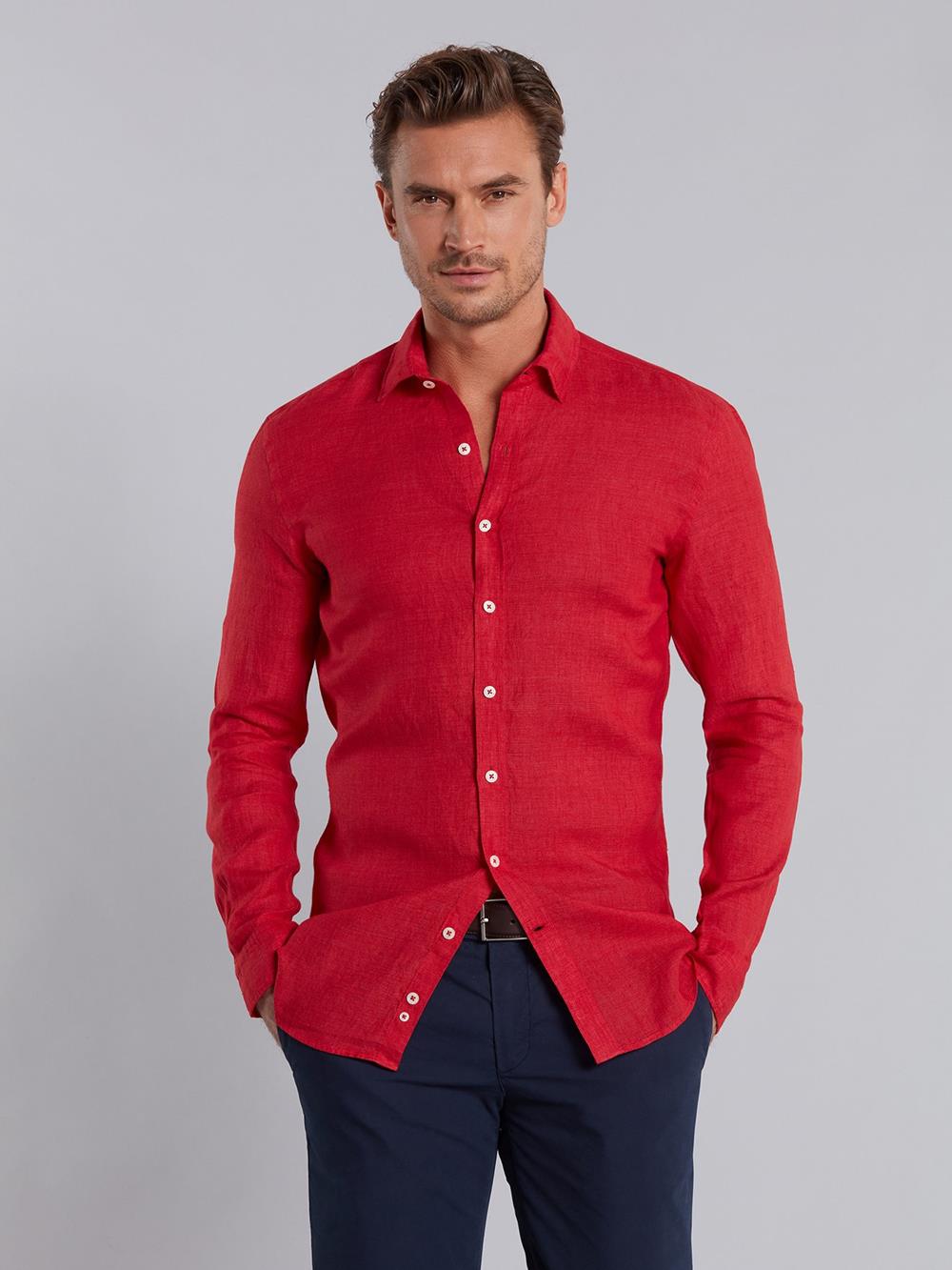 Red linen slim fit shirt 