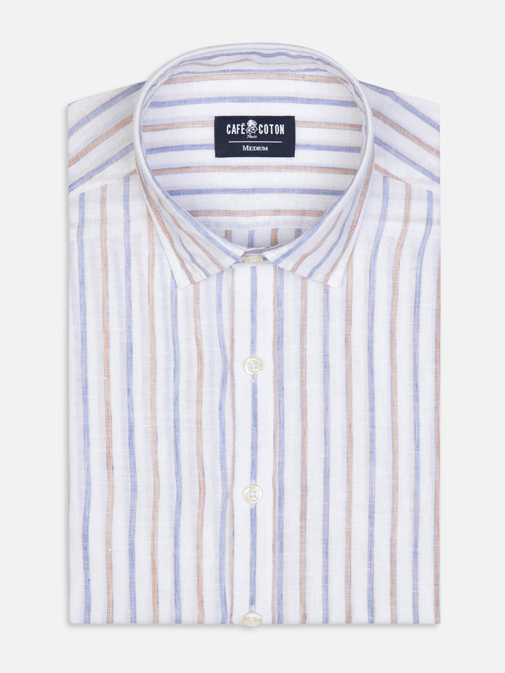 Ray slim-fit overhemd van zandkleurige streepjes linnen 