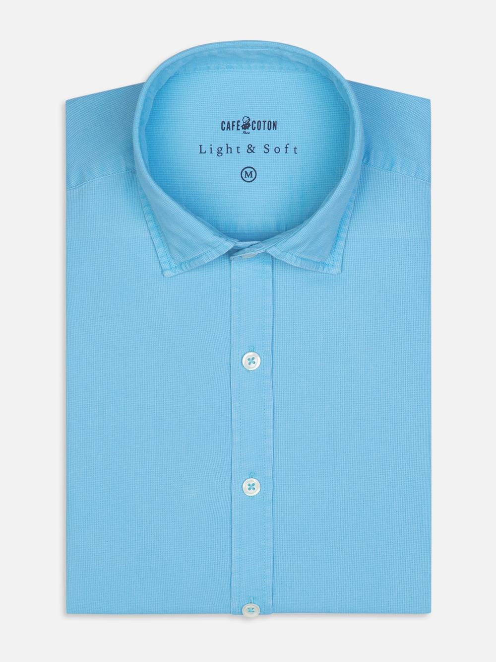 Turquoise gewassen piqué Slim-fit overhemd 