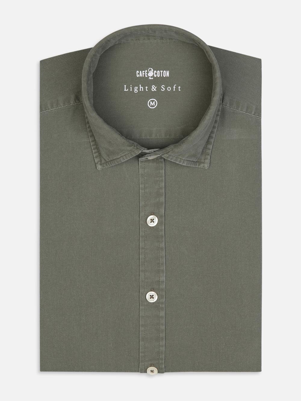 Khaki gewassen piqué Slim-fit overhemd