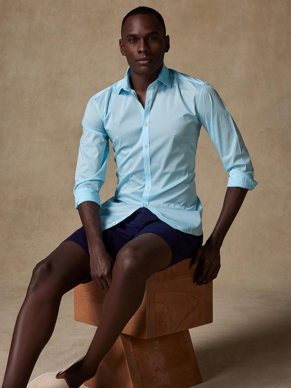 Turquoise cotton voile slim fit shirt