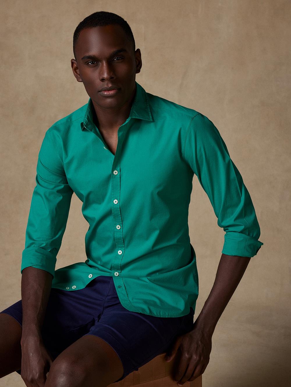 Green cotton voile slim fit shirt