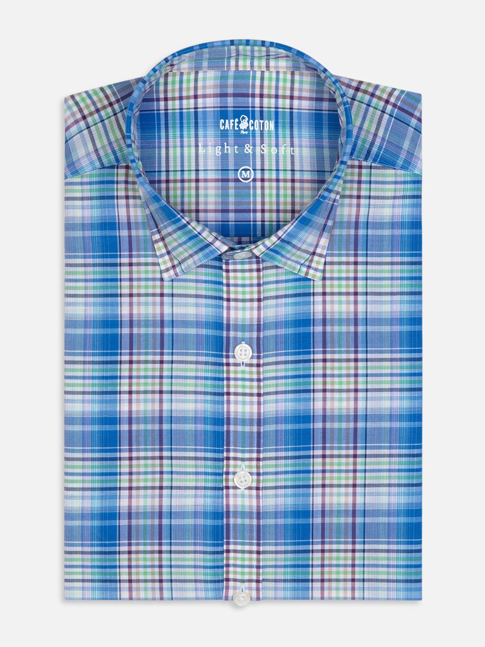 Gordon-Hemd aus blauem Baumwoll-Voile mit Tartanmuster