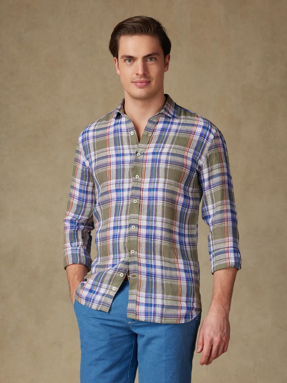 Camicia Paddy in lino kaki con stampa tartan