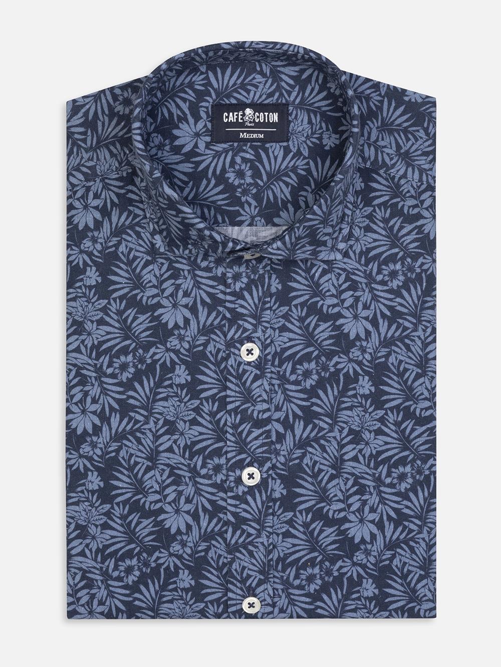 Camicia slim fit slim fit Spike in lino navy con stampa floreale 