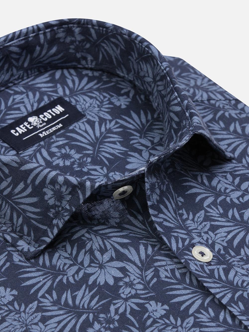 Spike slim fit shirt in navy linen with floral print 