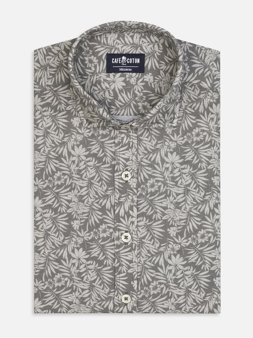 Spike slim fit shirt in khaki linen with floral print 