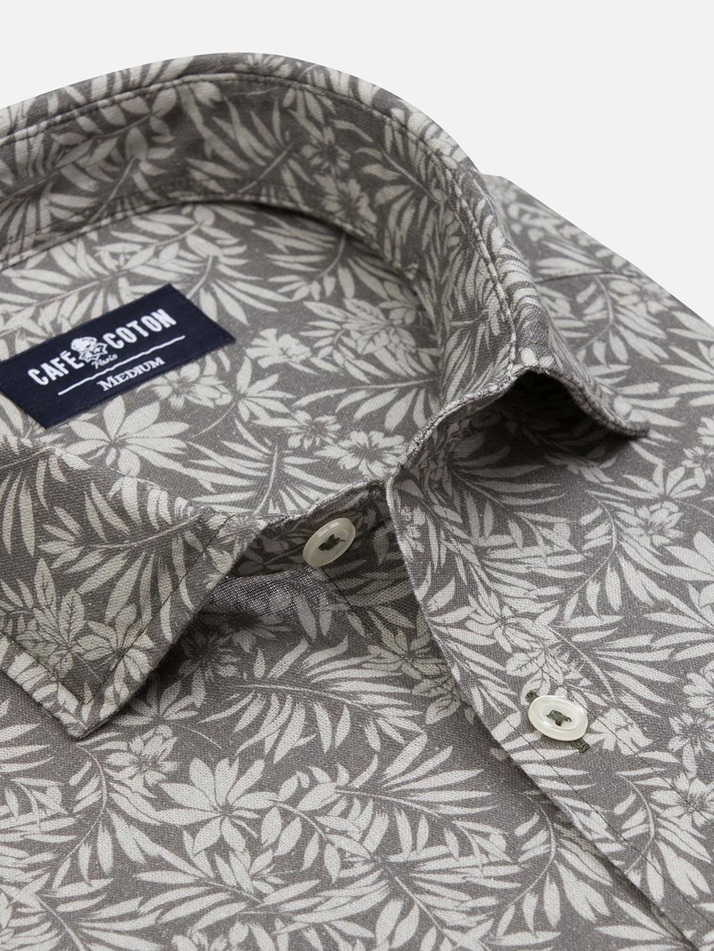 Spike slim fit shirt in khaki linen with floral print 