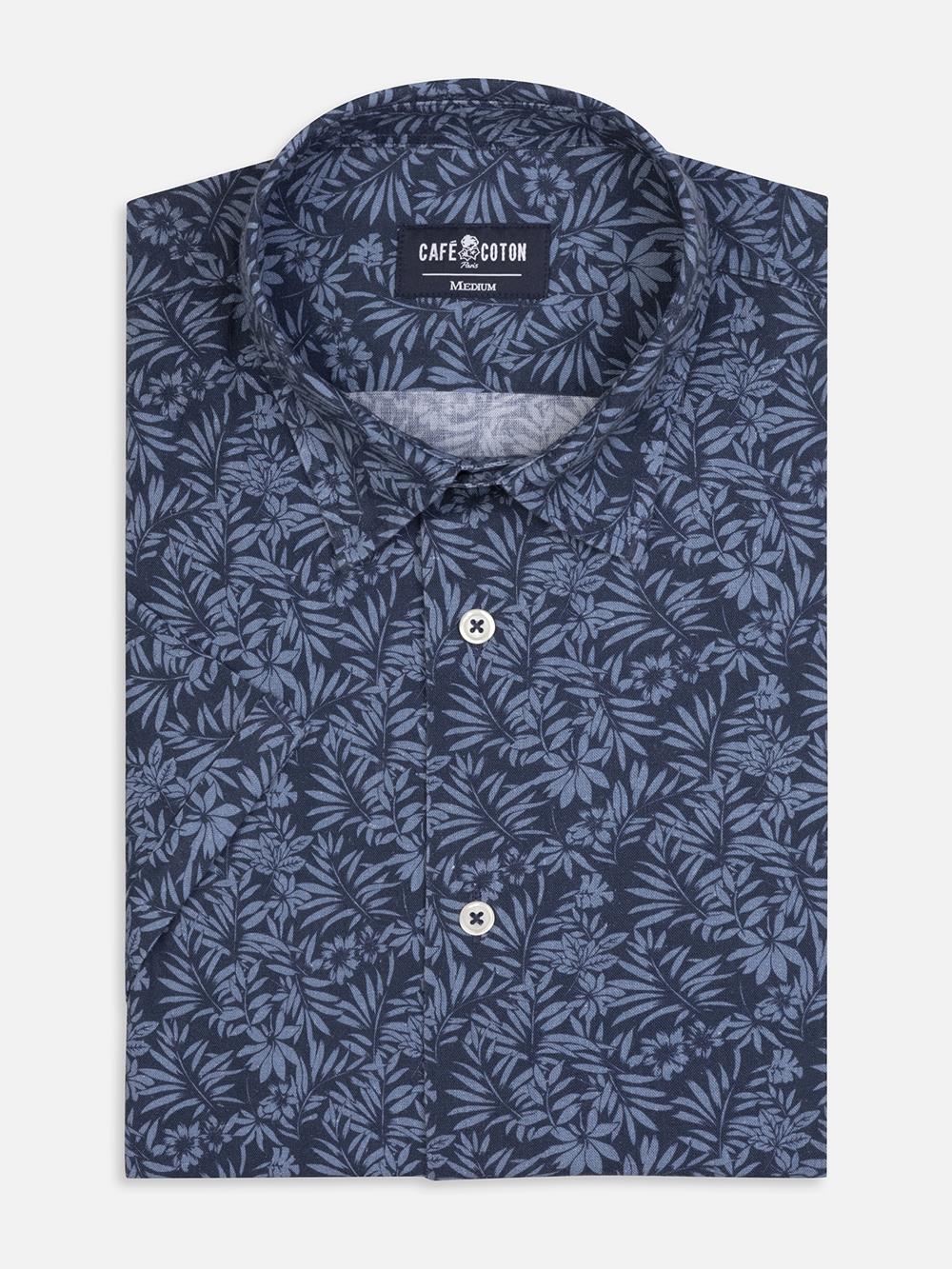 Chemise manches courtes Spike en lin marine à motif floral 