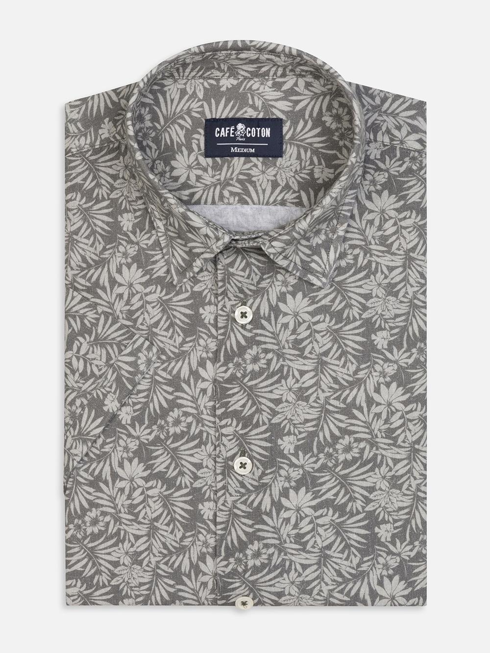 Chemise manches courtes Spike en lin kaki à motif floral 