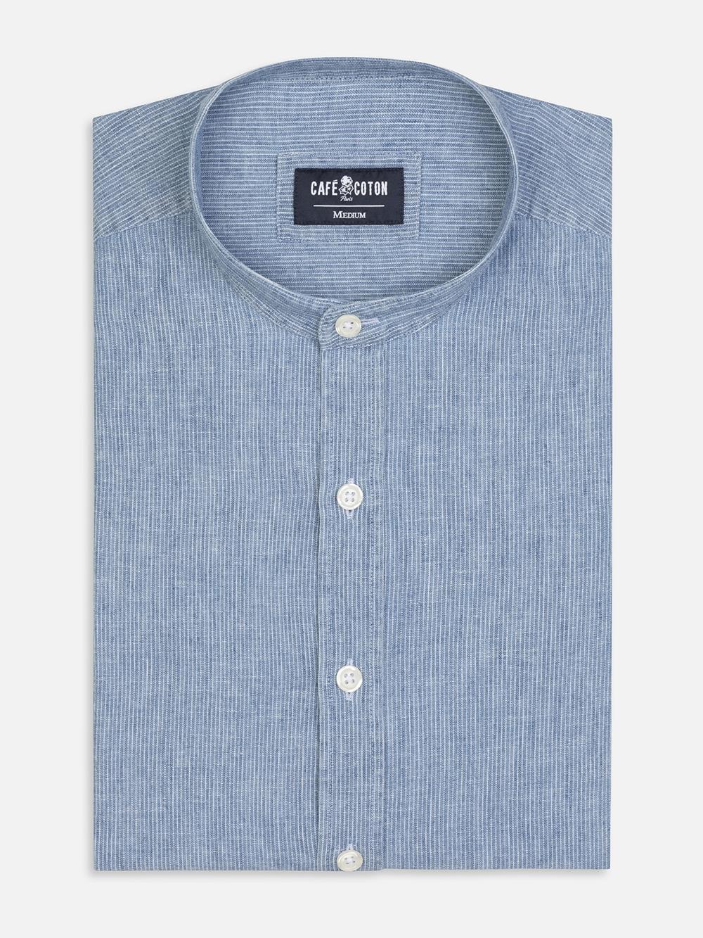 Kirk colarless shirt in sky stripes linen 