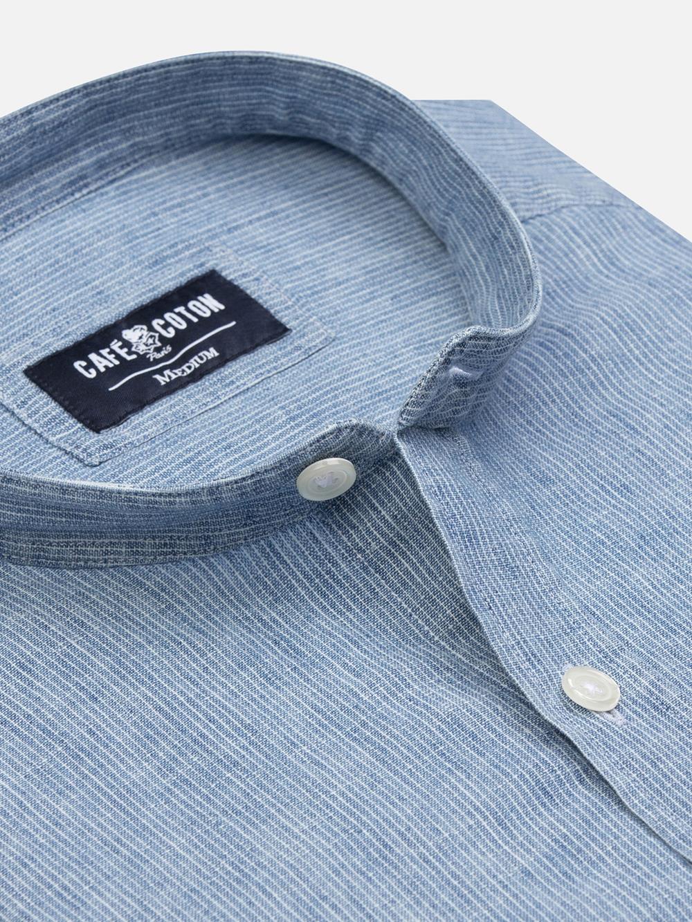 Kirk colarless shirt in sky stripes linen 