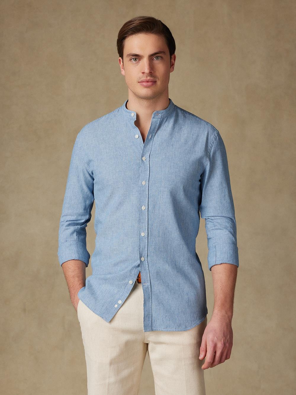 Kirk colarless shirt in sky stripes linen 