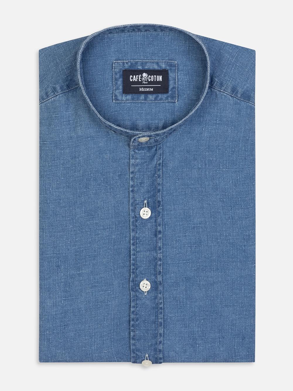 Kirk colarless shirt in sky linen 