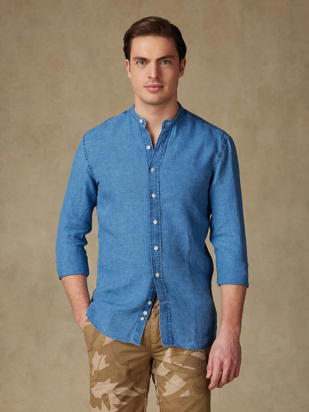 Kirk colarless shirt in sky linen 