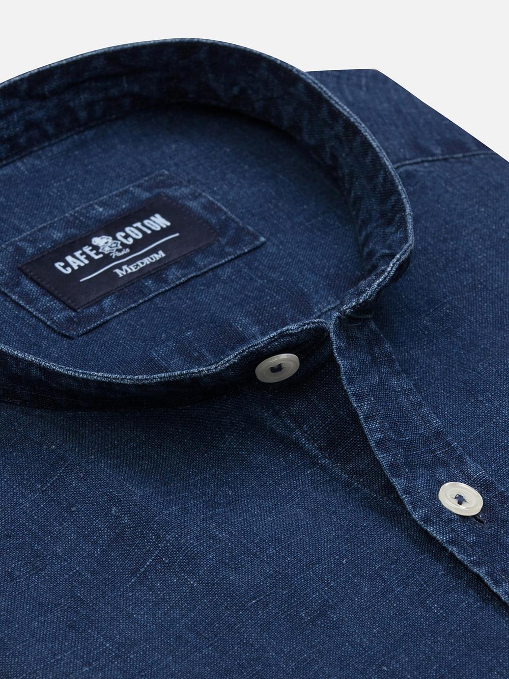 Kirk colarless shirt in indigo linen