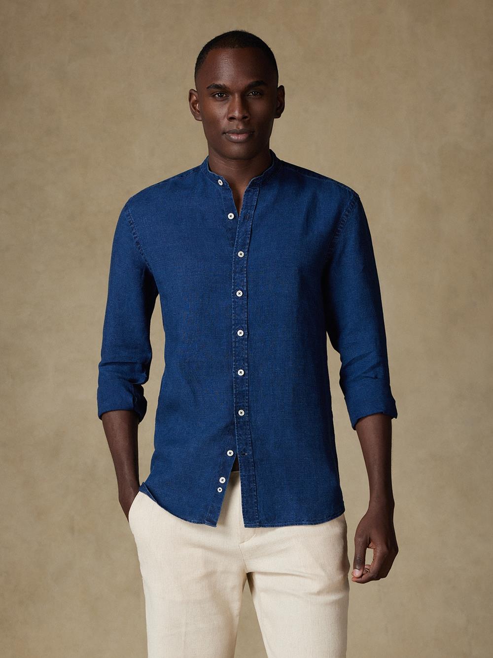 Kirk colarless shirt in indigo linen