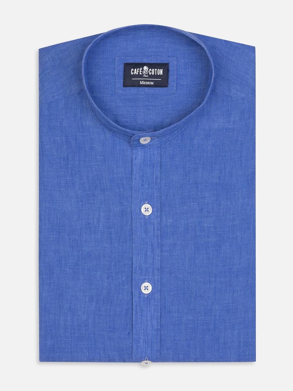 Olaf collarless shirt in indigo linen