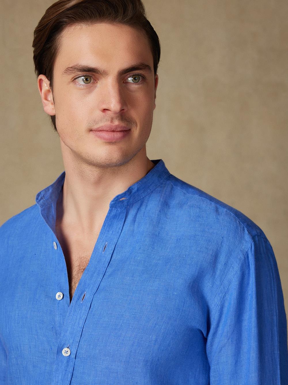 Olaf collarless shirt in indigo linen