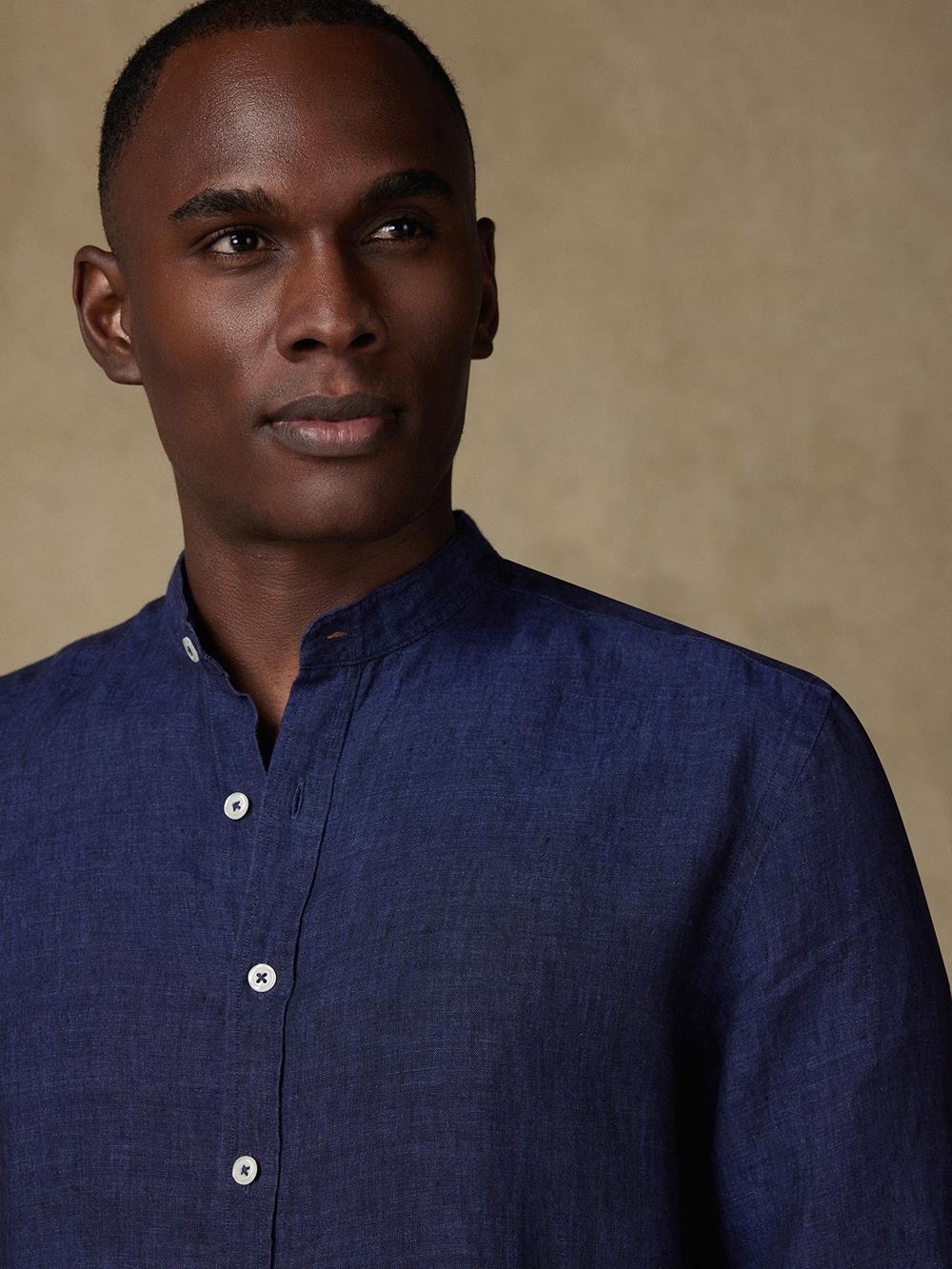 Olaf collarless shirt in navy linen